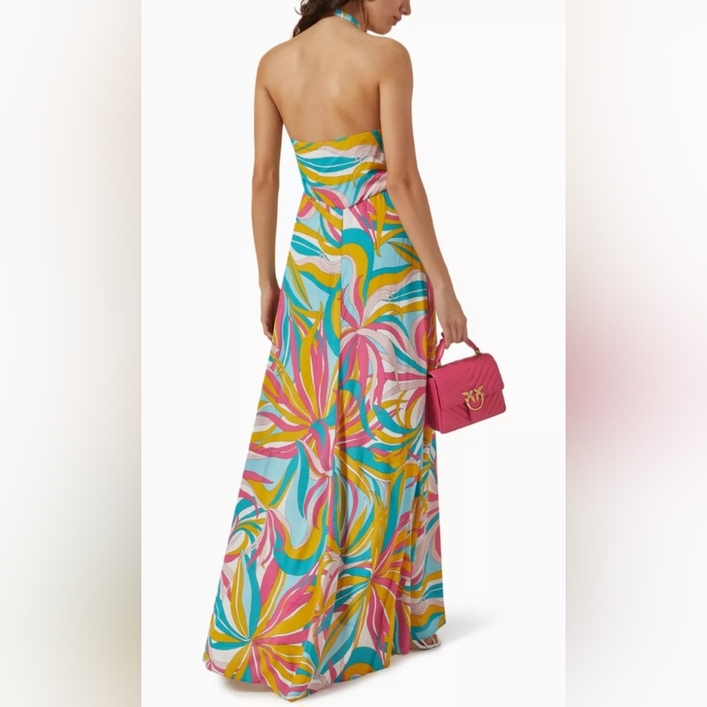 Pinko La Rioja Abito Crepe De Chine Multicolor Halter Maxi Dress Size 38 - Picture 4 of 16